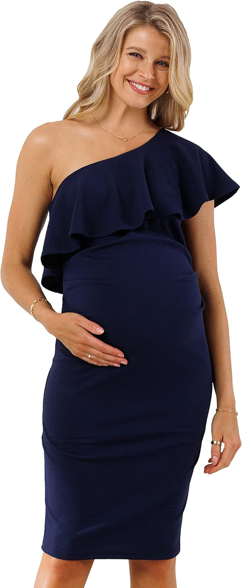 Laclef Women'S Maternity Ruffled One Shoulder Side Ruching Dress