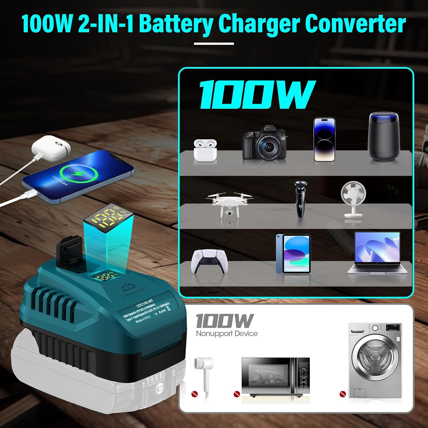 Portable USB Charger for Makita 18V Battery with USB C PD2.0 100W(Max) Output,Can Charge Battery,For BL1830 BL1850 BL1860 Battery Charger with 1 Type-C Port for Phone Charger Adapter image number 4