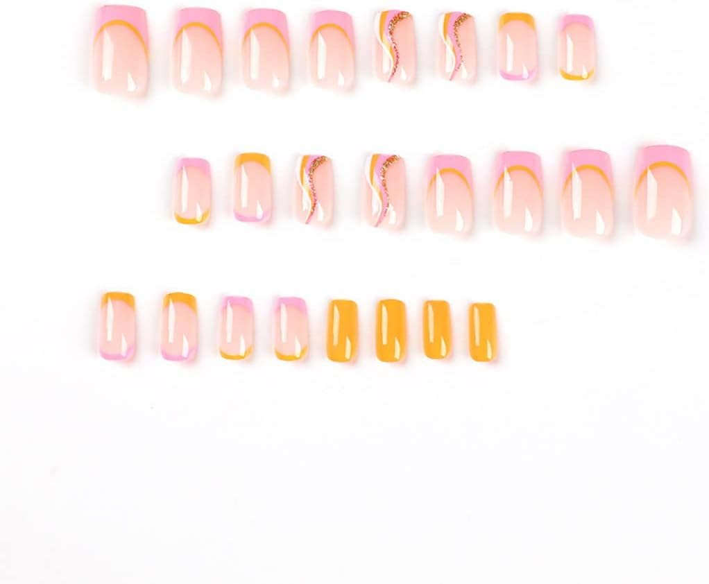 24 Pcs Swirl Square False Nails Short, Rainbow French Press on Nails with Wavy Pattern, Ballerina Acrylic Fake Nails Full Cover Stick on Nails 24Pcs for Women and Girls image number 2
