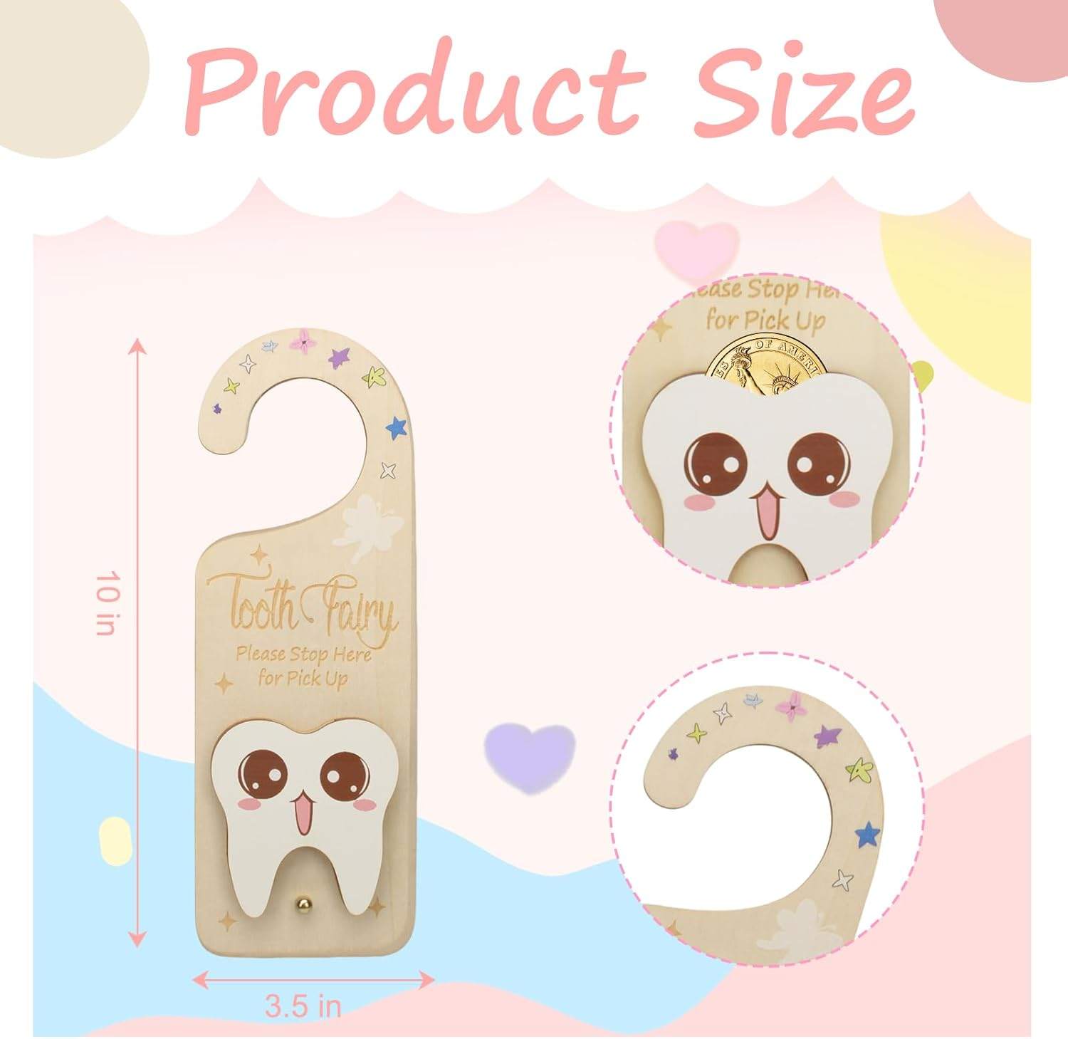 2 PCS Tooth Fairy Tooth Holder, Room Decor Tooth Fairy Door Hanger with Money Slot, Keepsake Bag & Elegant Patterns for Lost Teeth, Encourage Gift for Boys & Girls Milk Teeth