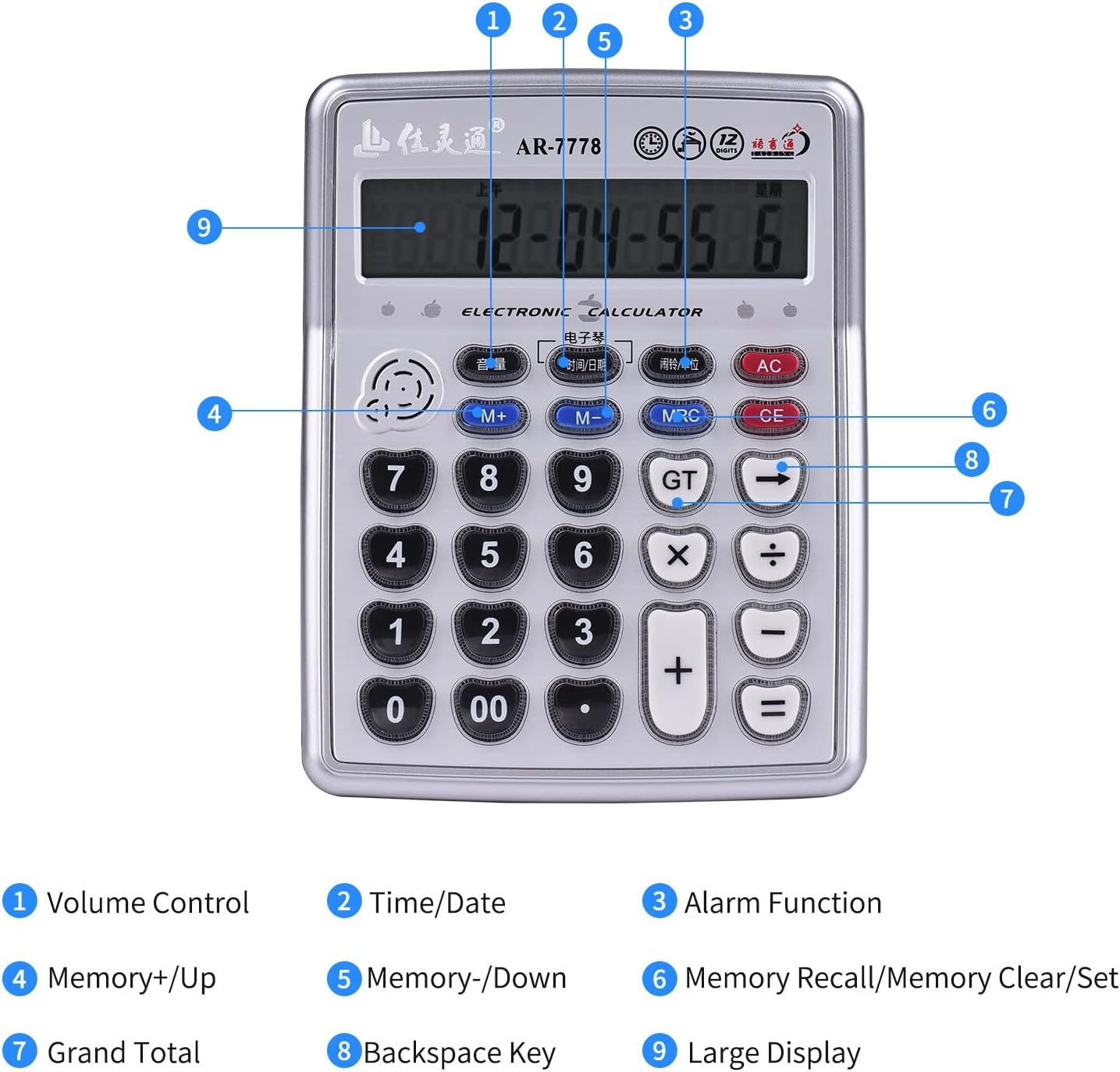 Xinyee Musical Desktop Calculator 12-Digits LCD Display Electronic Calculator Counter Big Buttons with Music Piano Play Time Date Show Alarm Clock Function for Office Business Classroom Home Supplie image number 1