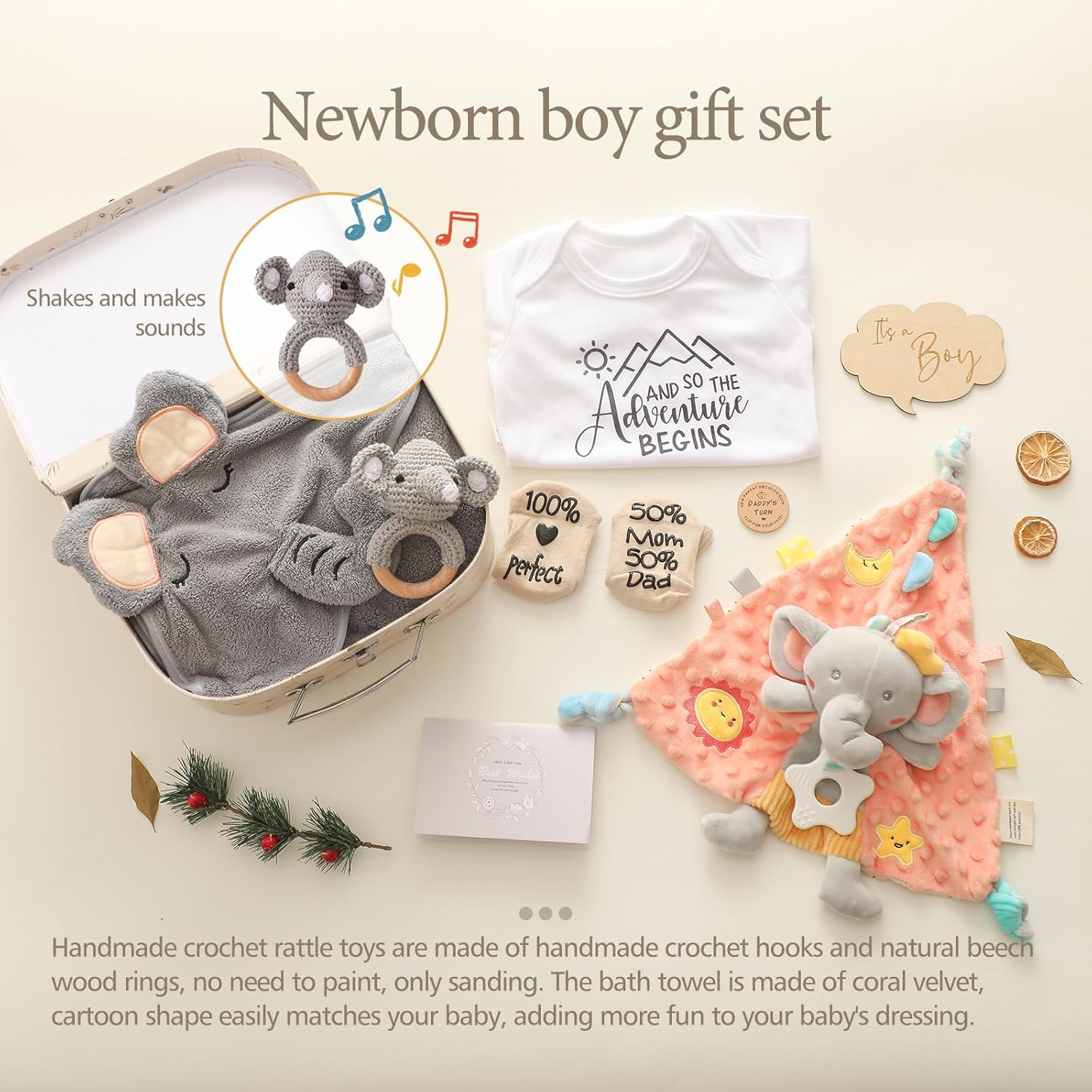 Promise Babe Baby Gift Set Newborn Shower Birth Gifts for Boys Baby Party Bath Towel Milestone Baby Blanket Romper Socks Child Wood Crocheted Elephant Rattle Toy Photo Requisite (For Boy) image number 3