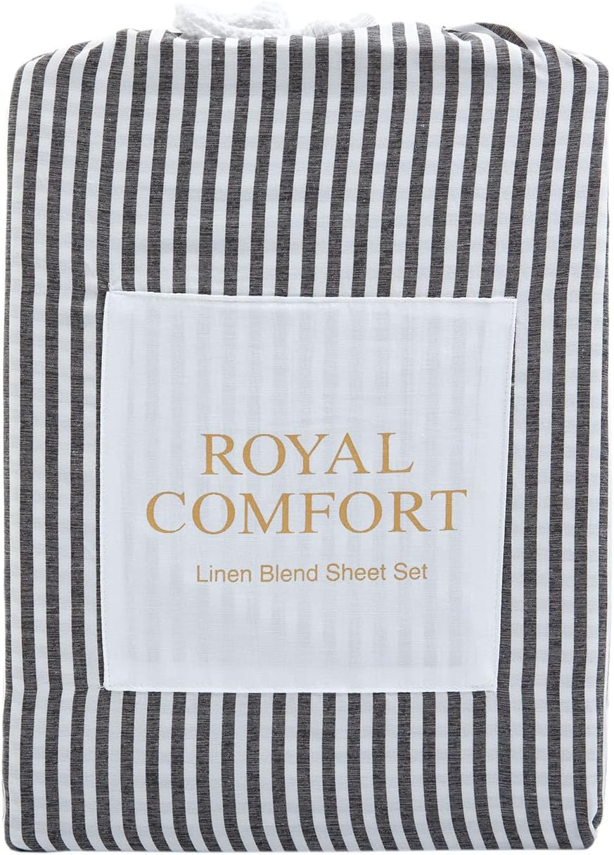 Royal Comfort Sheet Set Linen Blend Stripes 100GSM All Seasons Bedding Ultra Soft, 1 X Flat Sheet 1 X Fitted Sheet 2 X Pillowcases (4 Pcs, King, Beige)