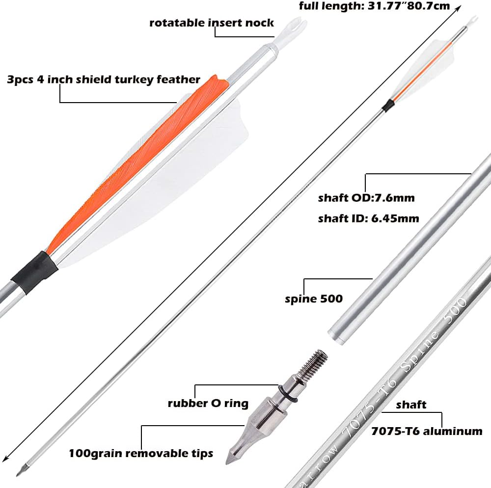 ZSHJGJR 31" Archery Aluminum Arrows 500 Spine Hunting Arrows with Removable Tips Natural Feather Fletchings Targeting Arrows for Compound & Recurve Bow 6/12 Pack image number 2