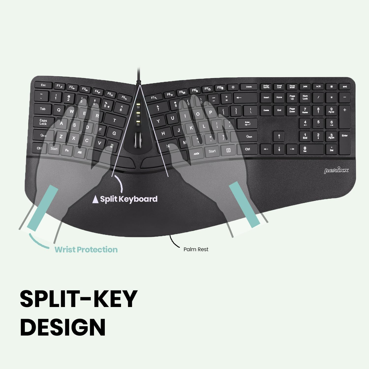 Perixx PERIBOARD-330B, Wired Ergonomic Keyboard with Adjustable Wrist Rest, Illuminated Keys, and Membrane Low Profile Keys, 2 Extra USB Ports, US English Layout image number 5