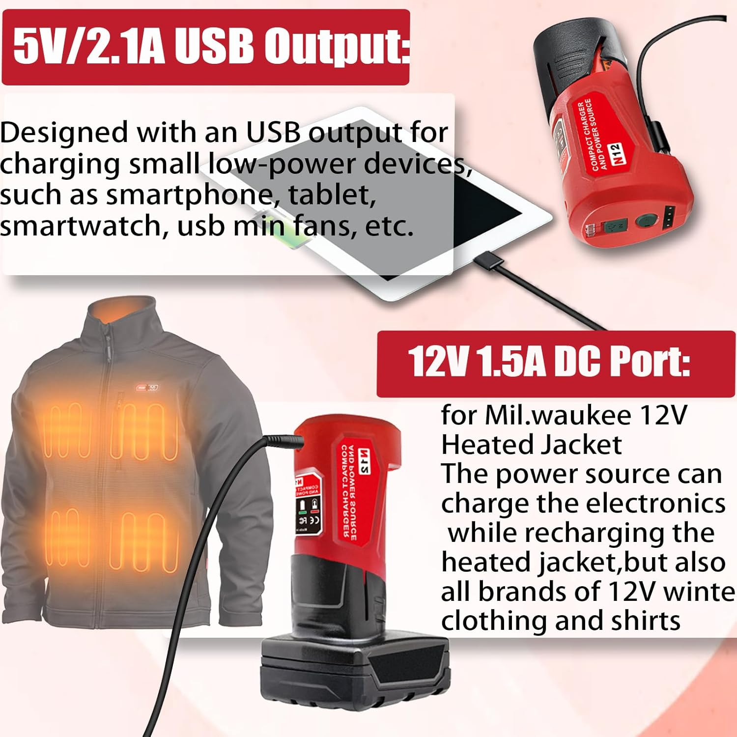 M-12 Battery Charger with Type-C Port & DC 12V Outlet，Power Source Replacement for Milwaukee M12 12V Battery Adapter for Milwaukee Heated Jacket 49-24-2310 Compatible with 48-11-2420 48-11-2411 image number 2