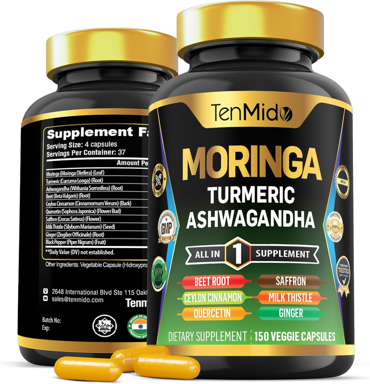 Moringa Oleifera Supplement for Men and Women, 10In1 Formula with Turmeric, Ashwagandha, Ceylon Cinnamon, Beet Root, Saffron & More - 150 Capsules
