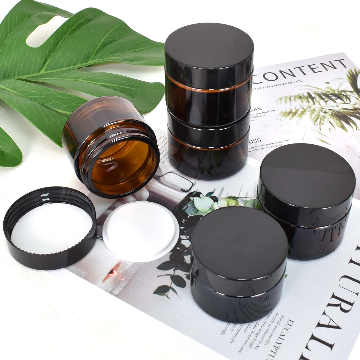 Amber Glass Empty Jar 6 Pack Jars Cream 50Ml Brown Glass Jars Empty Refillable Containers Brown Ointment Jars for Women Girls Cosmetics Creams Lotions Essential Oils Powder (50G) image number 2