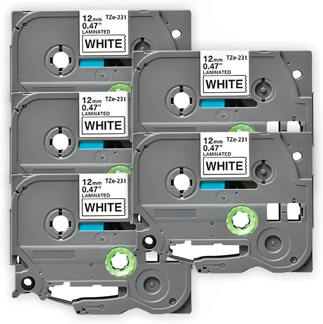 Extraprint 5 Pack Compatible Label Tape Replacement for Brother Tze-231 TZ231, 12Mm X 8M - Black on White Label Tape for Brother P-Touch PT9800PCN PTD600 PTD800W PTE550WVP PTP700 PTP710BT PTP750W
