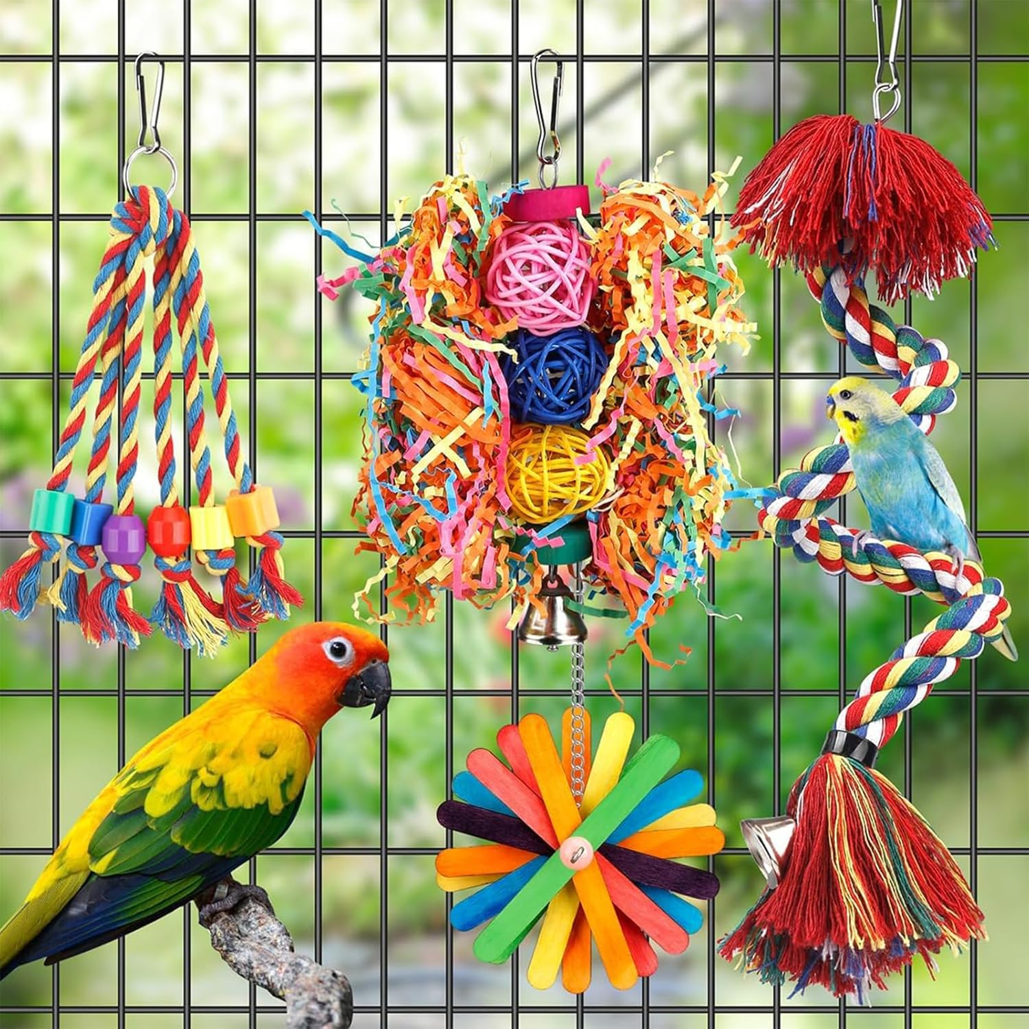 Cozioz Bird Rope Perch with Bell &ndash; Colorful Chewing, Shredding & Foraging Toys for Parakeets, Parrots, Conures, Cockatiels, Budgies & Lovebirds &ndash; Bird Cage Accessories image number 2