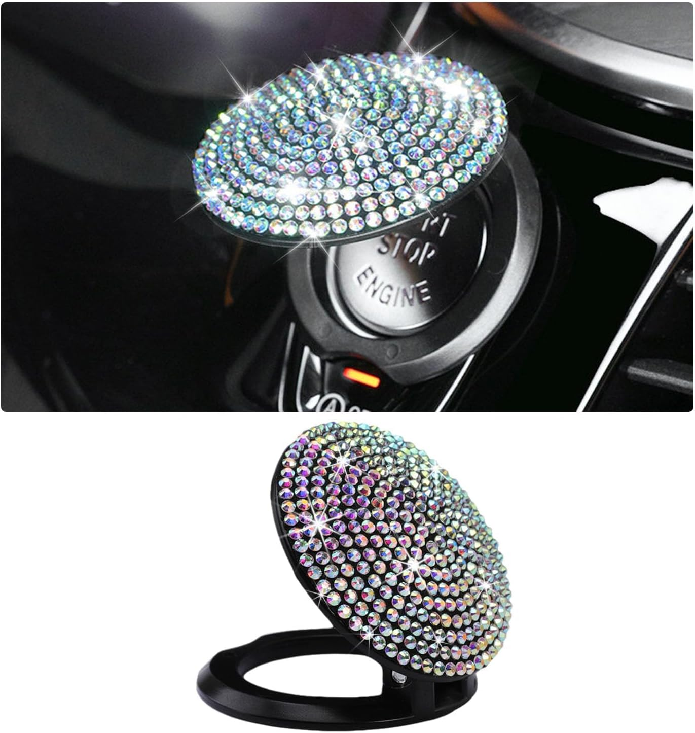 Bling Car Push to Start Button Cover, anti Scratch Ignition Button Protective Cap, Crystal Rhinestone Engine Button Sticker, Universal Auto Interior Decor Accessories (Black)