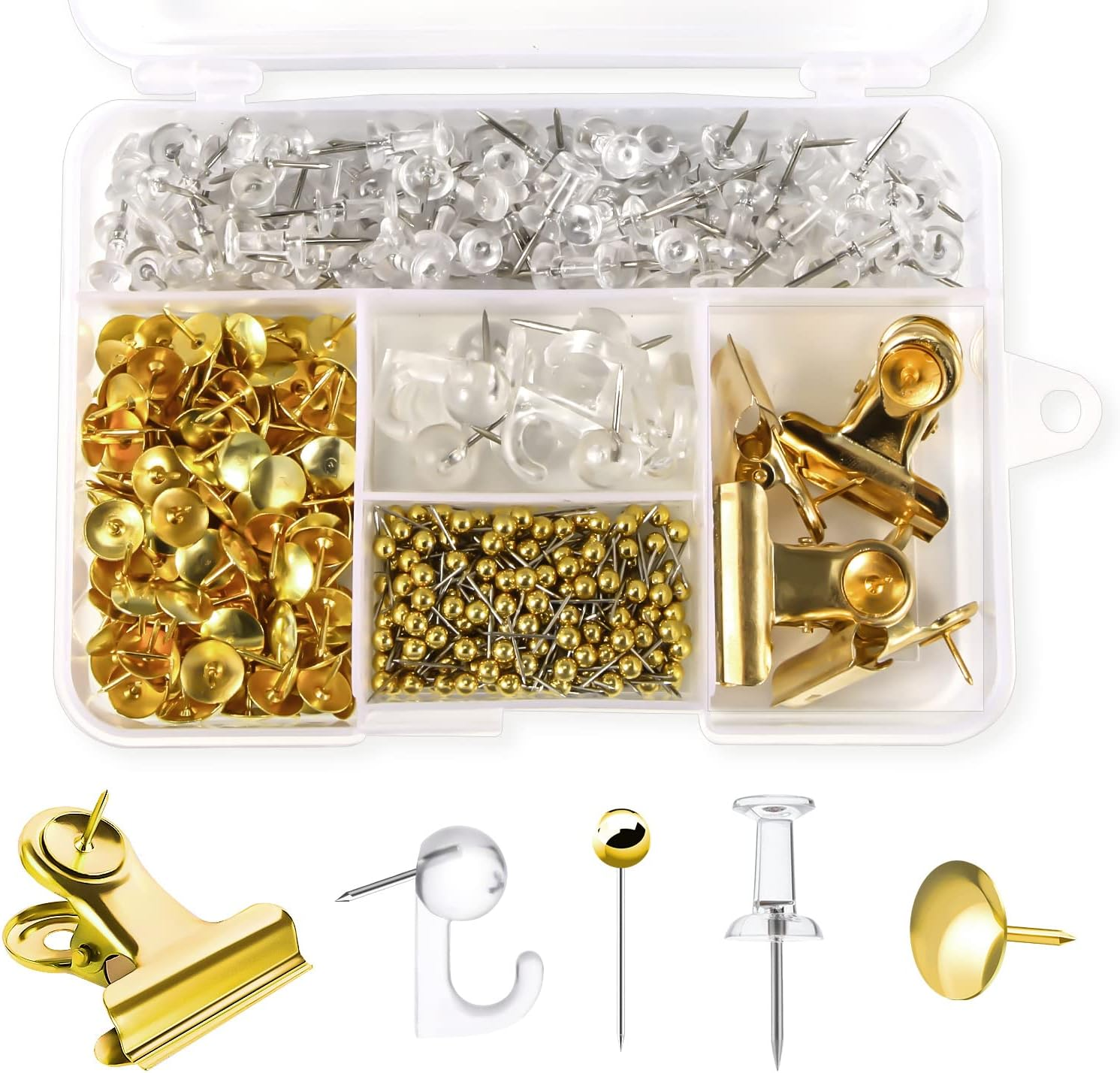 AIEX 465Pcs Clear Push Pins Set, Metal & Plastic Pushpins Clips Thumb Tacks and Push Pins for Cork Board Bulletin Board Wall 5 Styles Office Supplies (Rose Gold)