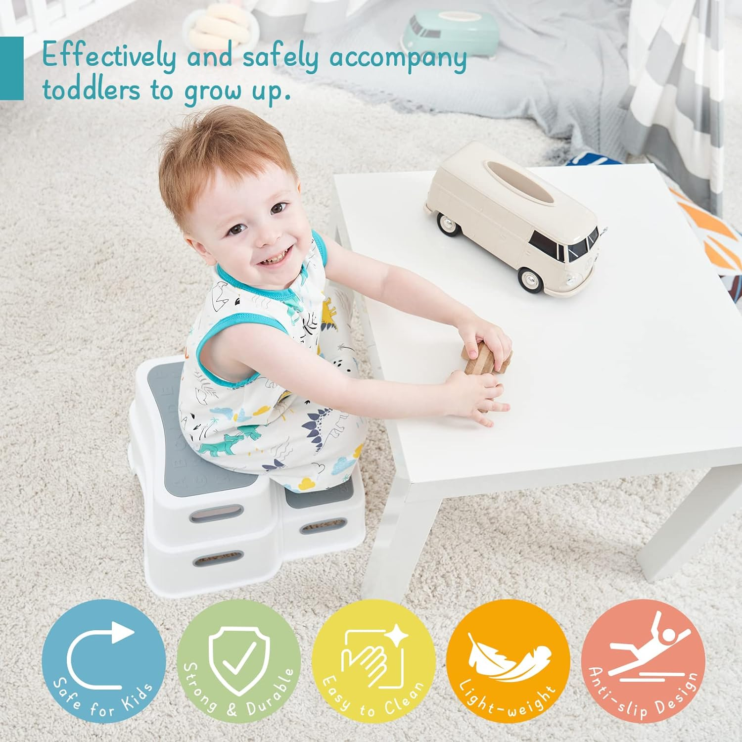 Forbena Toddler Step Stool for Bathroom Sink, 2 Step Stool for Kids Toilet Potty Training, Non-Slip Toddlers Baby Child Kid Plastic Poop Stools with Handle for Kitchen Counter Bed (White-Grey) image number 2