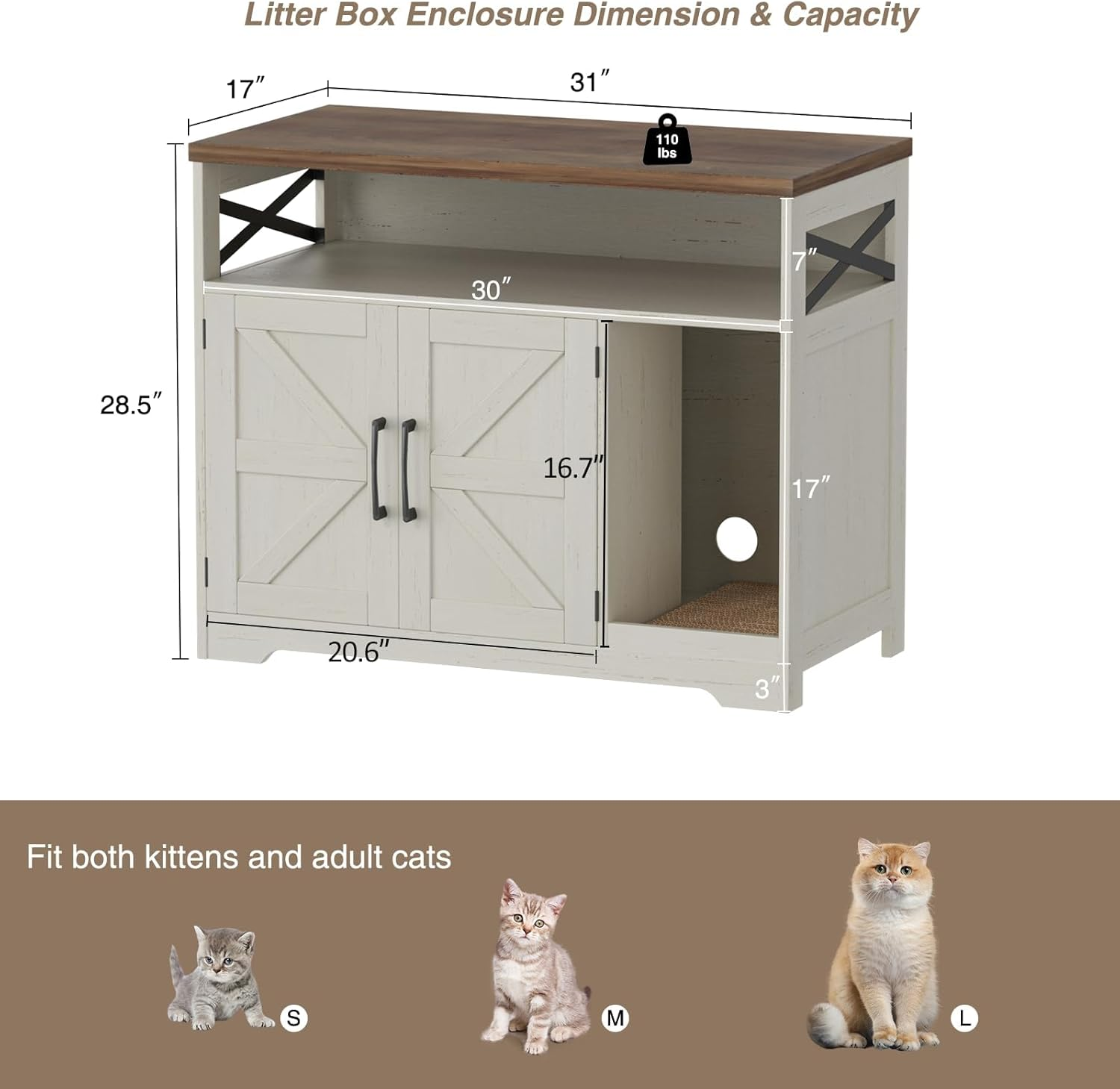 Cat Litter Box Enclosure, Hidden Litter Box Furniture with Scratch Pad, Farmhouse Indoor Cat House Washroom End Table, White image number 4