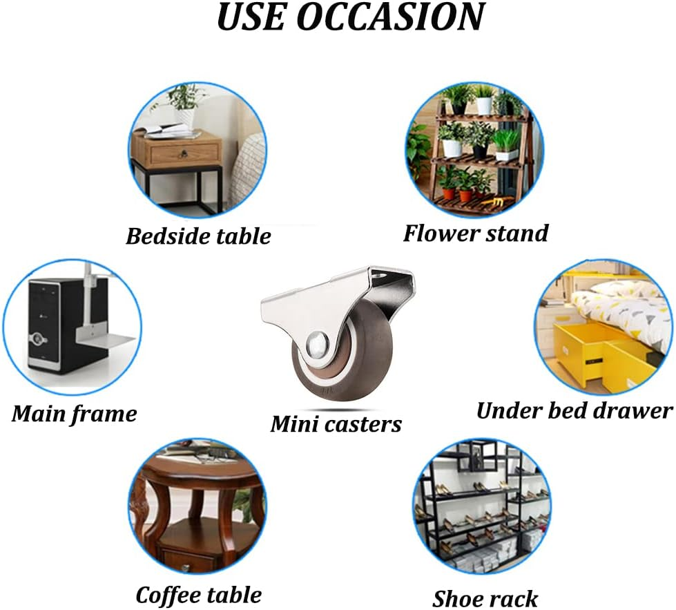 Mini Fixed Casters Wheels 1 Inch Silent Ball Bearing Small Casters Wheels for Cart, Metal Top TPE Rubber Directional Wheel Low Profile Casters for Furniture Cabinets under Bed Drawer with Screws 4 Pcs image number 3