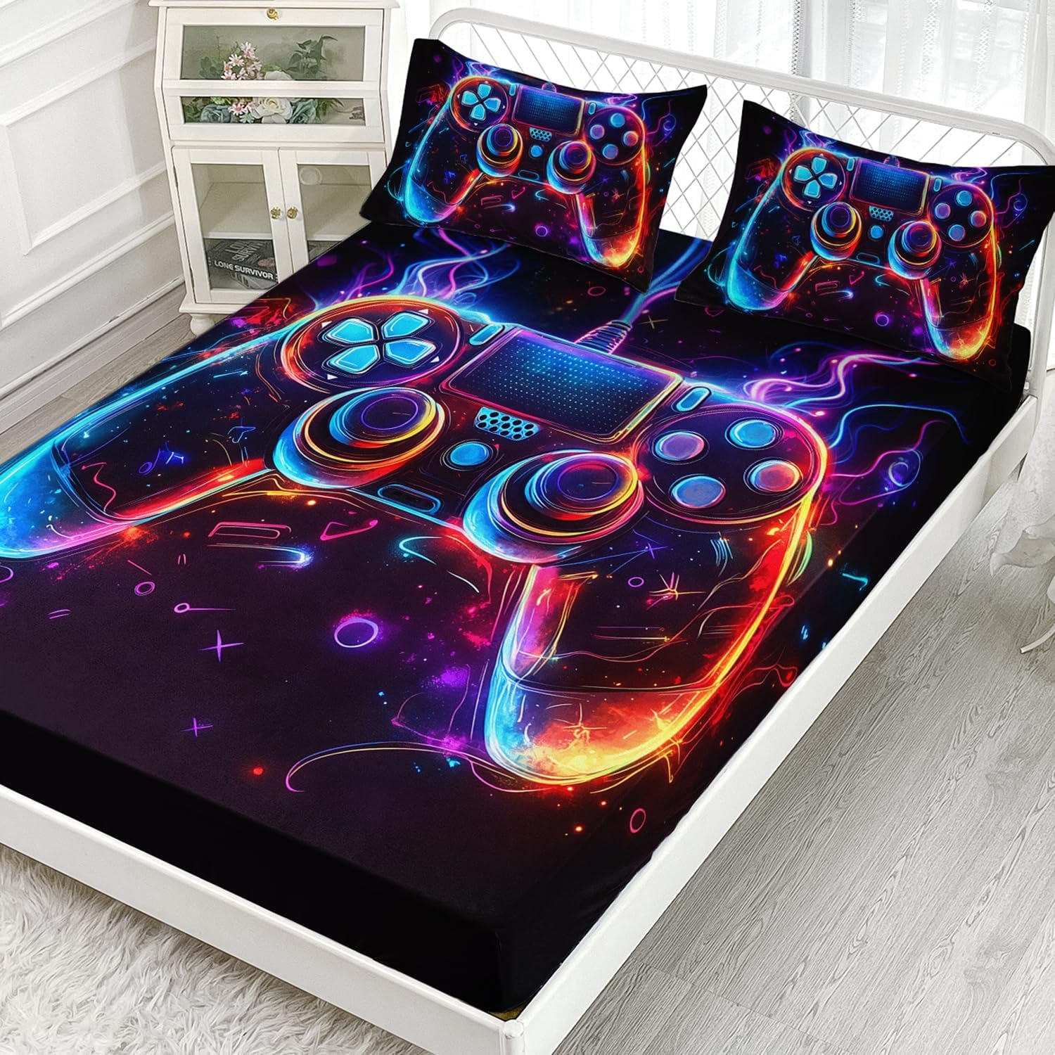 AILONEN Boys Gamer Fitted Sheet Set Queen,Colorful Video Game Controller Printed Bedding for Gaming Lovers,3D Game Console Black Fitted Sheet + 2 Pillowcases,3Pcs image number 6