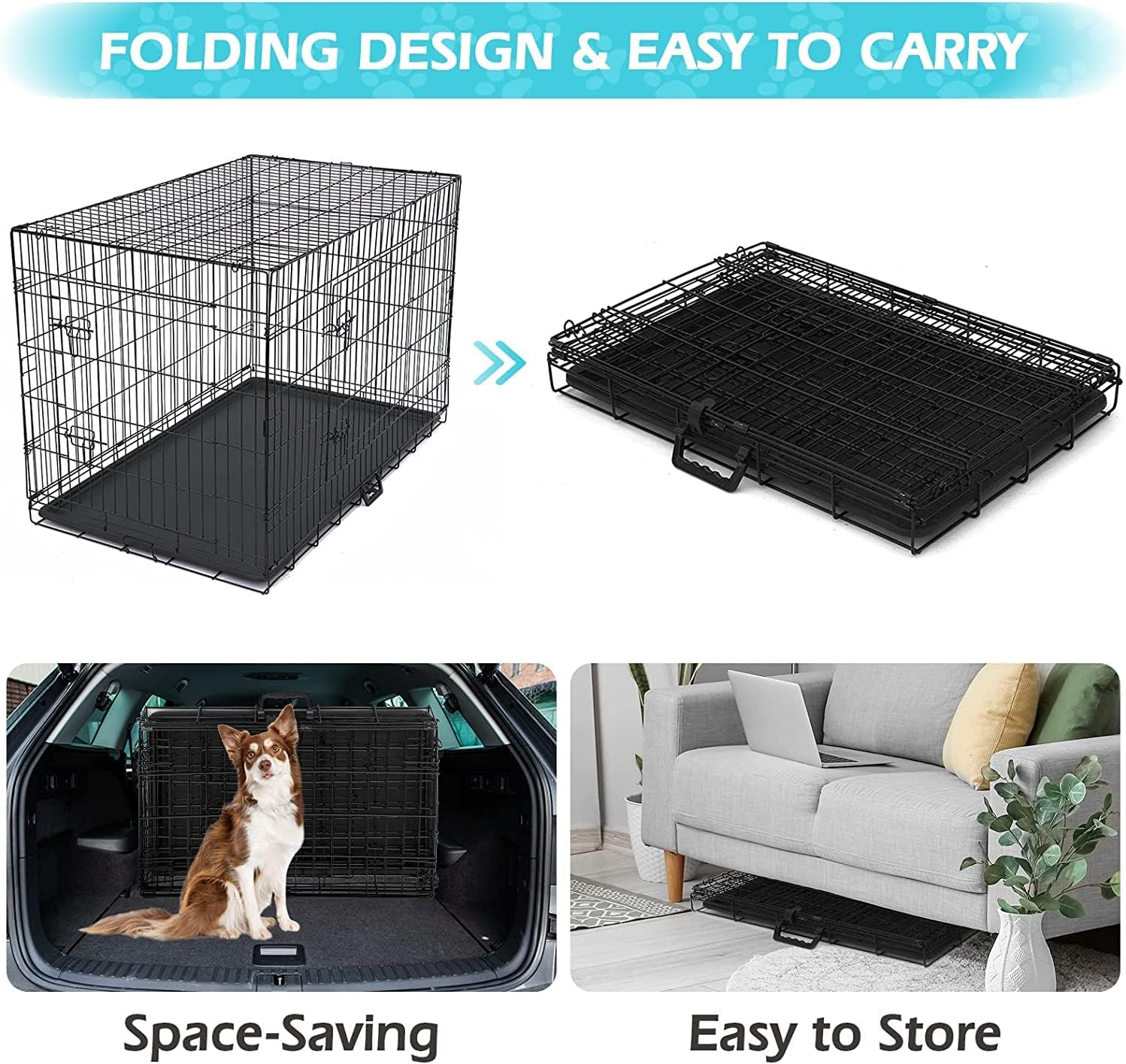 Advwin 36" Dog Cage Pet Crate Puppy Cat Foldable Metal Kennel 2 Doors with Removable Tray image number 3