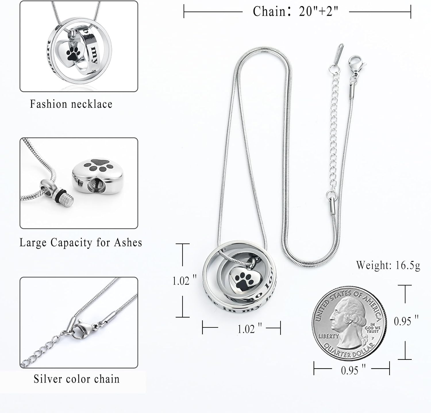 Memorial Jewelry Forever in My Heartno Longer by My Side Cremation Pet Urn Necklace Screw Opens and Lock Ashes Pendant Jewelry for Dog Cat (Silver) - Black image number 7