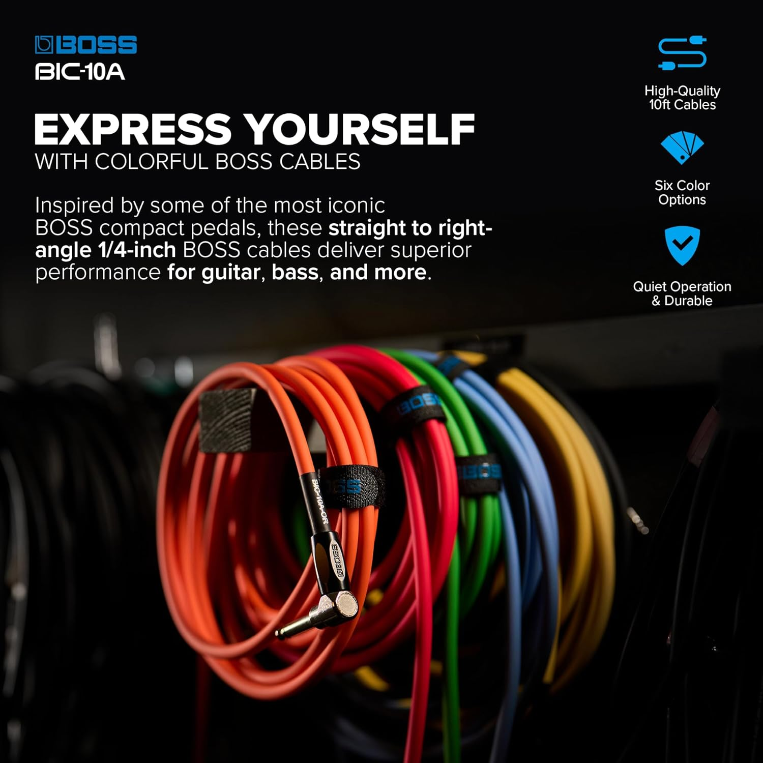 BOSS BIC-10A Series | Instrument Cable | Straight to Right-Angle &frac14;-Inch Connectors | 10Ft./3M Length | High-Quality Cables for Guitar, Bass & More | Quiet Operation & Durable | Red