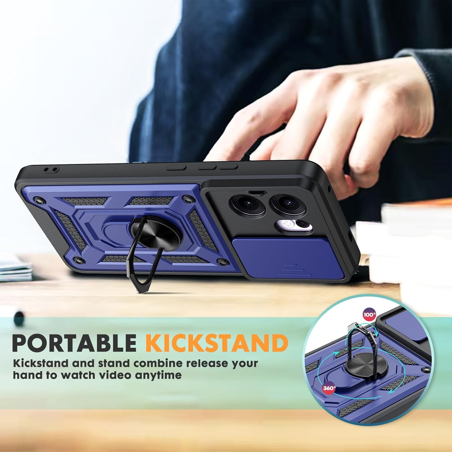 Oududianzi - Case for Oppo Reno 13 F 4G/5G Mobile Phone Case, [Pack of 2 Screen Protectors] with Sliding Camera Cover, Rotating Finger Ring Stand, Shockproof, Scratch-Resistant Protective Case - Blue - Black image number 3