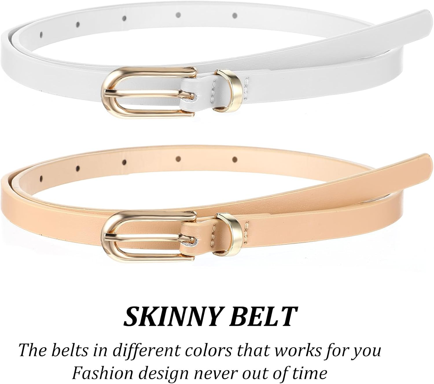 Wanmu 4 Pack Women Skinny Leather Belts for Jeans, Thin Waist Belt with Metal Buckle for Ladies, Dresses, Pants (39 Inches, White, Black, Cream Color, Coffee) image number 5