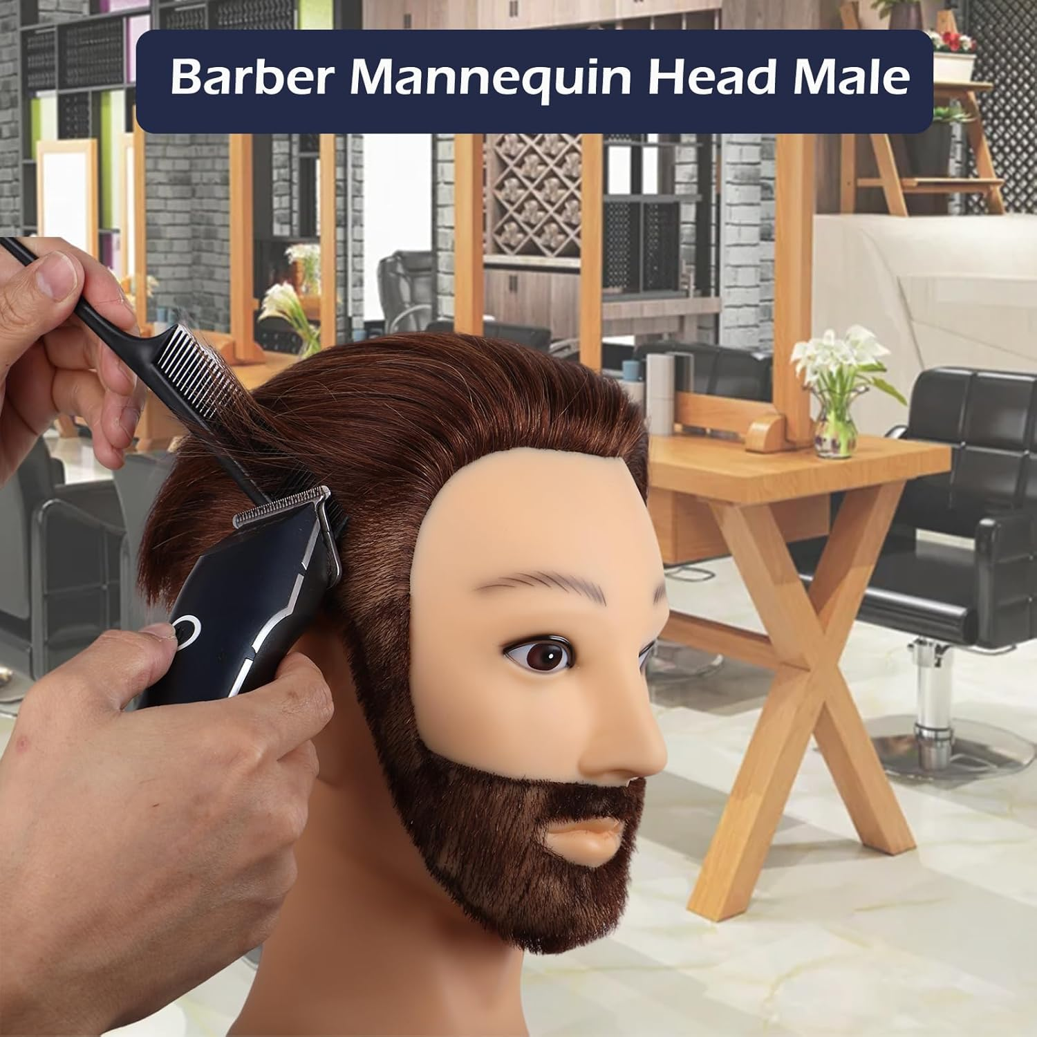 Daizysight Barber Mannequin Head Male with 100% Human Hair, Male Haircut Practicing Head with Beard & Thick Hair, Hairdresser Manikin Doll Head for Training Hair Styling (Brown, 12 Inches) image number 5