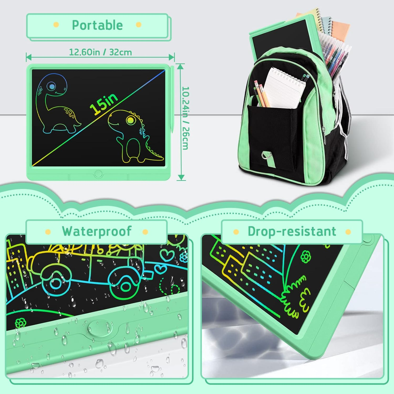 Wicue LCD Writing Tablet for Kids 15In Drawing Tablet, Colorful Doodle Board Drawing Pads, Electronic Drawing Boards Travel Activity Games for 3 4 5 6 Year Old Kids Birthday Gifts (Green)