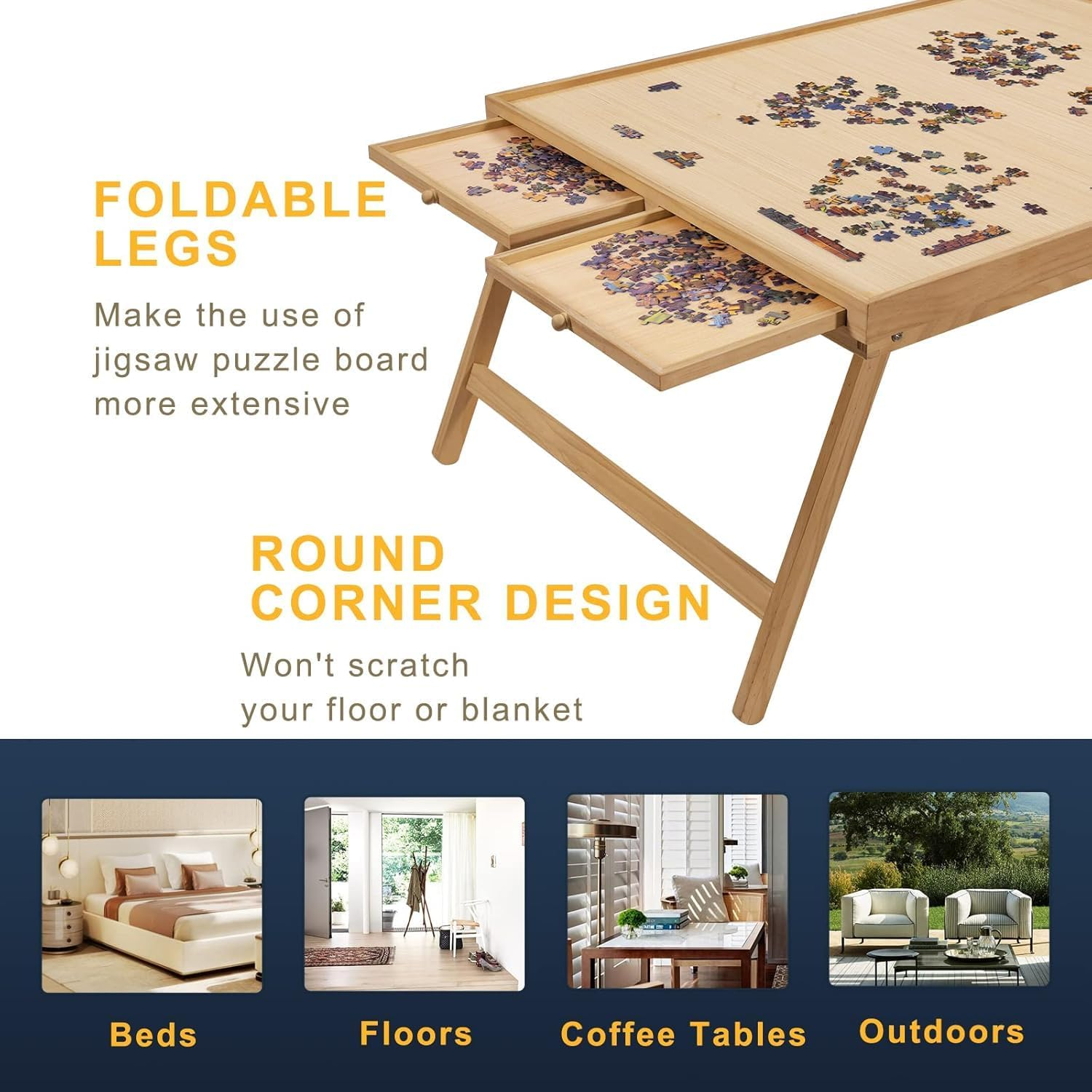 TEAKMAMA 1500 Piece Wooden Jigsaw Folding Puzzle Board, Puzzle Table with Legs and Protective Cover, 34&rdquo; X 26.3&rdquo; Jigsaw Puzzle Board with 4 Drawers & Cover, Portable Puzzle Tables for Adults - Natural image number 5