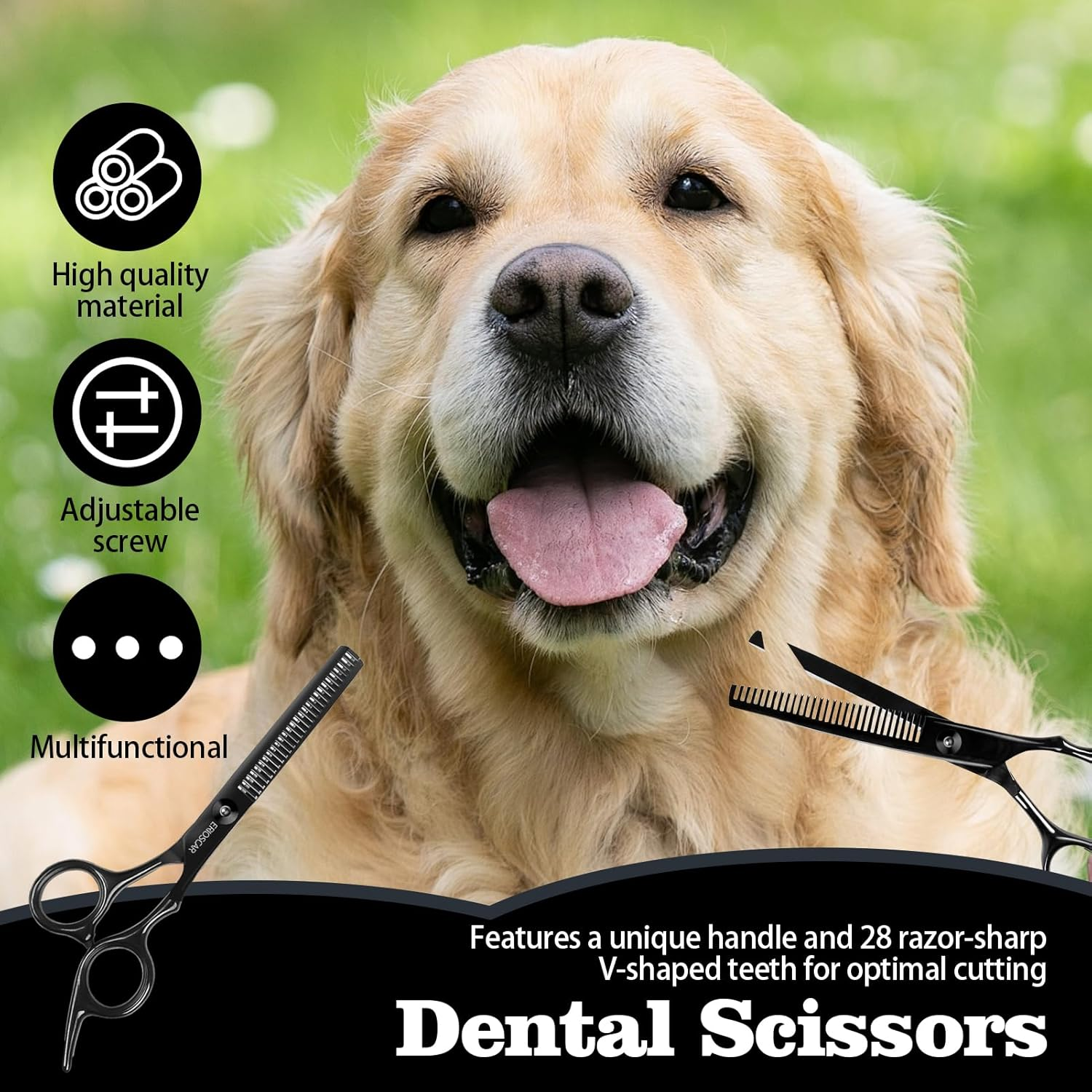 Professional Thinning Scissors for Dog, Pet Texturizing Scissors, Grooming Tooth Scissors for Dogs Cats Pets, Black Titanium Stainless Steel Scissors with Adjustable Ccrew - 28 Teeth - Tooth Scissors image number 2