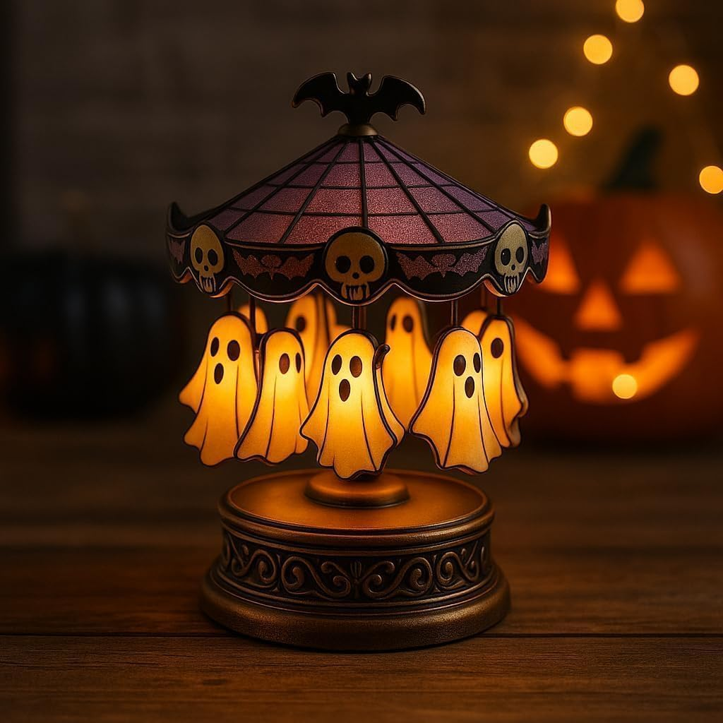 Ghost Carousel Lights, Halloween Ghost Carousel Night Light Decor, Night Light USB Rechargeable, Antique Copper Base & Purple Stained Glass, for Indoor Home Party Kitchen Table image number 1