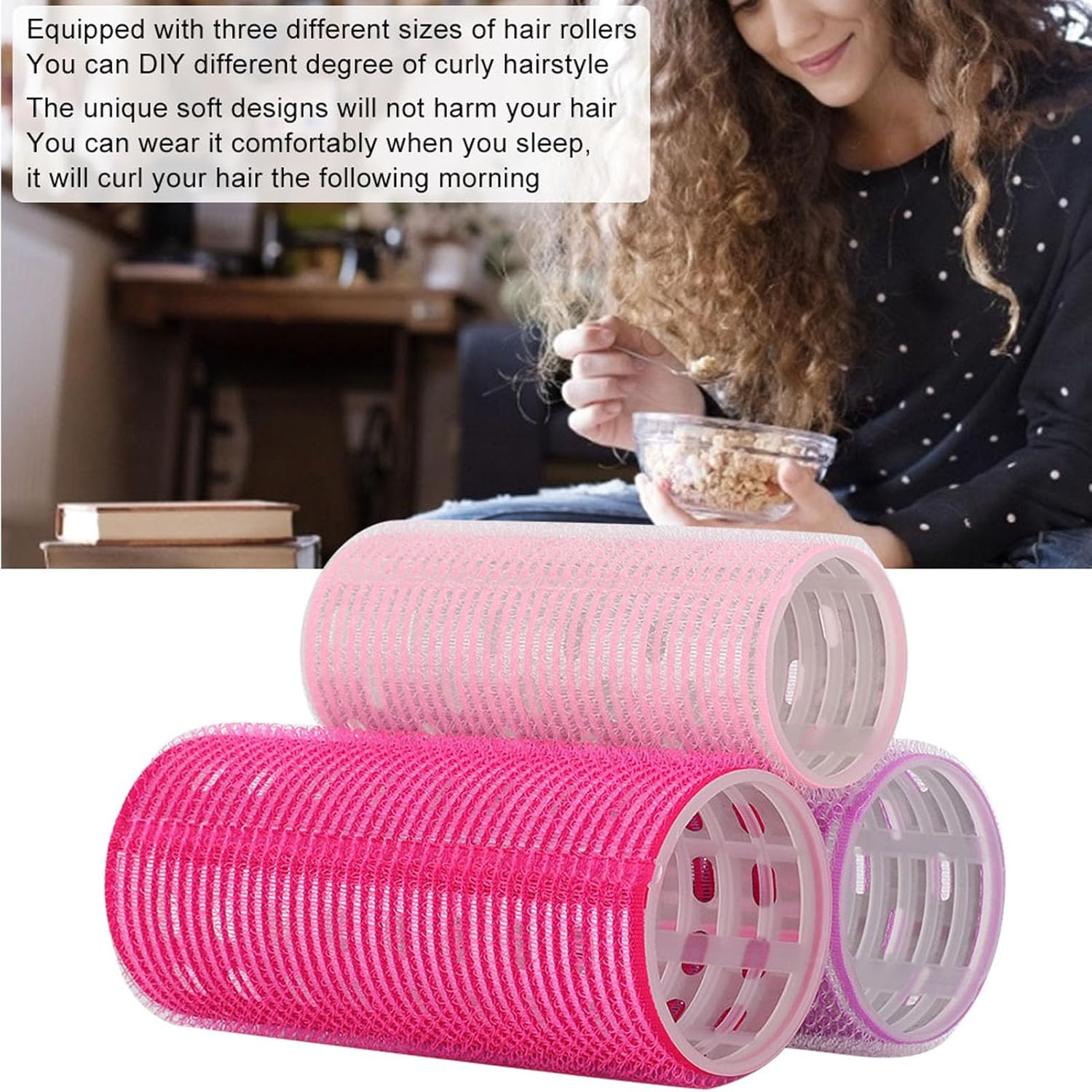 Lvifloae 3 Pieces Hair Rollers Set Self Adhesive Hair Rollers Portable Handle Styling Curlers Hairdressing Tool for Blowout Look Long Medium Short Thick image number 4