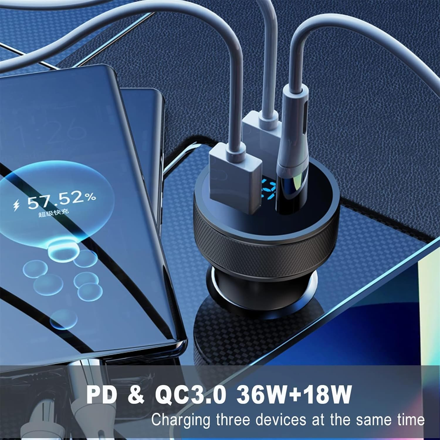 USB C Car Charger 72W PD3.0 Dual QC 3.0 3 Port USB Fast Charging Adapter, Mini Metal USB Cigarette Lighter with LED Digital Voltmeter for Iphone 11/12/13/14, Ipad Pro, Samsung S22/S21 image number 6