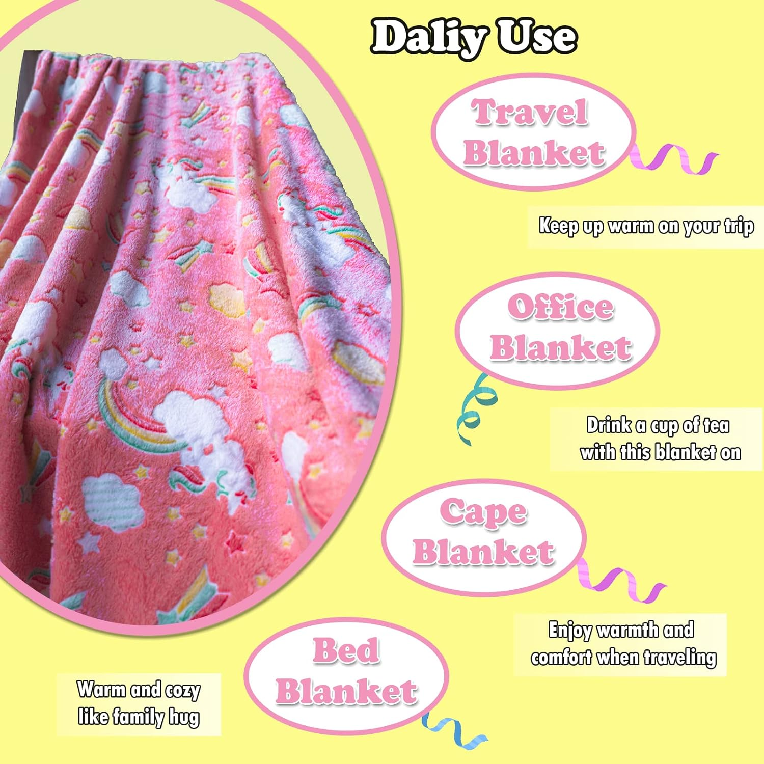 Best Gift Glow in the Dark Rainbow Throw Blanket with Storage Bag, Soft Throw Blanket for Girls Boys, Gifts for Christmas Birthday Valentines, Kids Blanket, Home Travel Use, 50"X60" Red image number 3