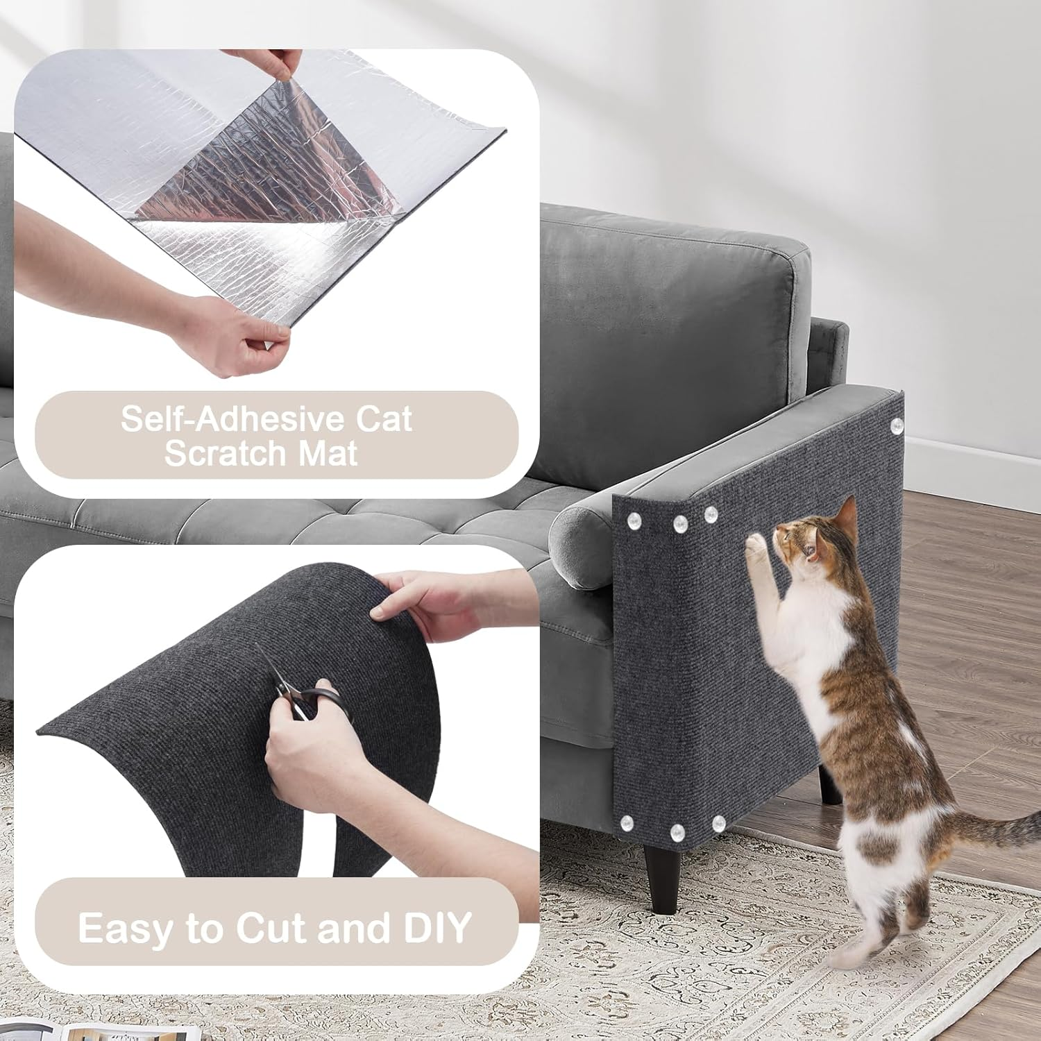 Uross Cat Scratching Mat -254Cmx40Cm Cat Couch Protector Adhesive Scratch Furniture Protector for Pets DIY Self Scratching Mat for Tree Shelves Post Wall - Lightgrey image number 2