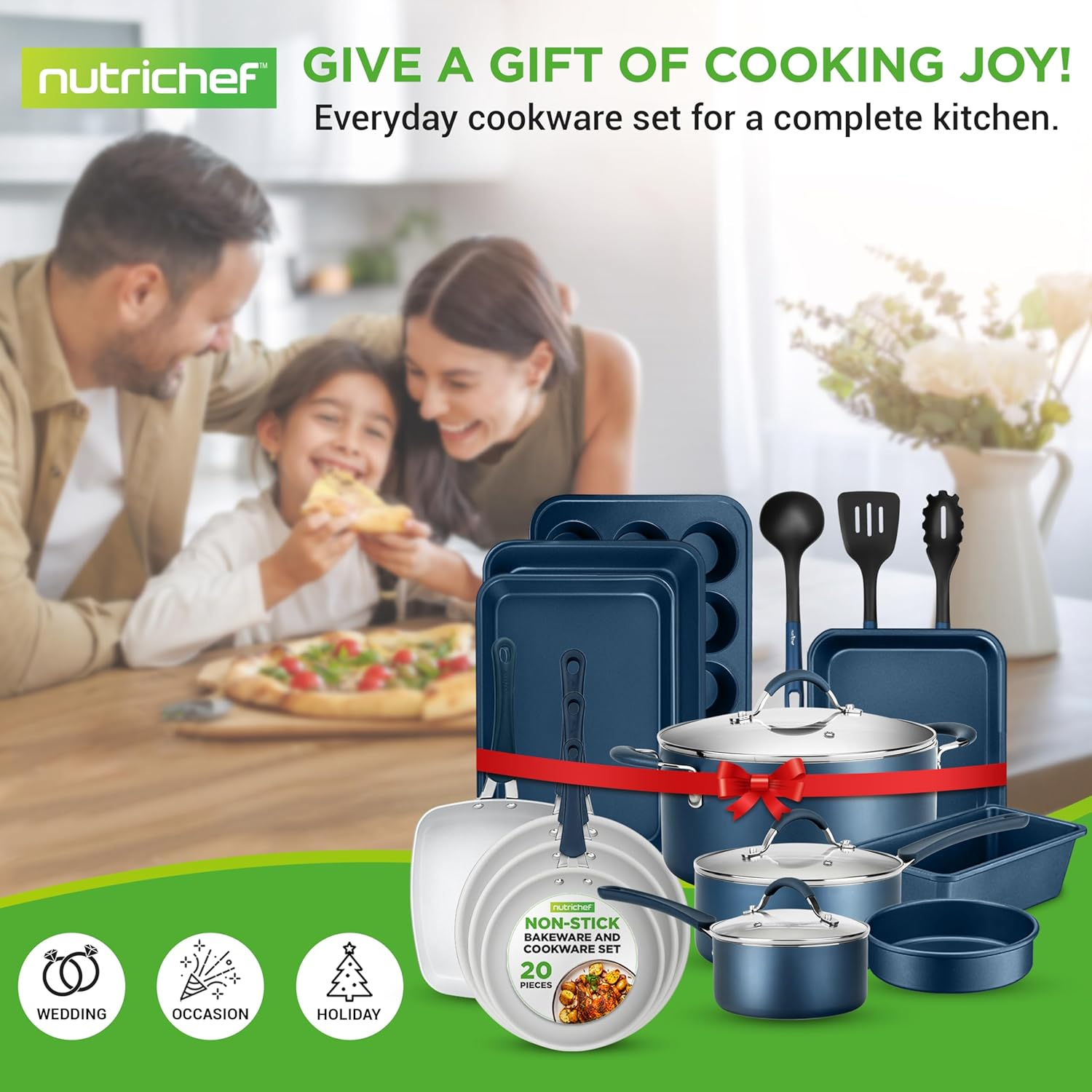 Nutrichef Cookware/Bakeware 20-Piece Set Includes a Saucepan, Frying Pans, Cooking Pots, Oven Pot, Lids, and Utensils. Nonstick, Ptfe/Pfoa/Pfos-Free, Heat-Resistant Silicone Handles, Navy Blue image number 1