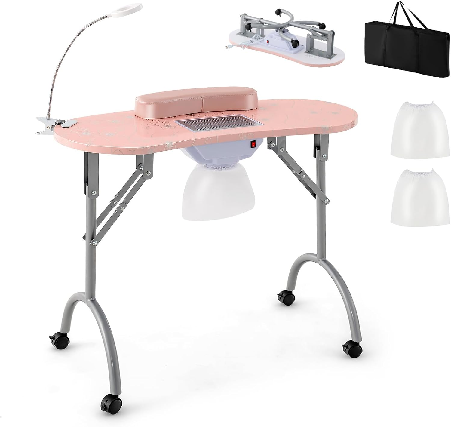 Costway Folding Manicure Nail Table with Electric Dust Collector, Portable Nail Table with Bendable LED Table Lamp, Removable Wrist Pad, Carrying Bag, 4 Lockable Wheels, Spa Salon Workstation