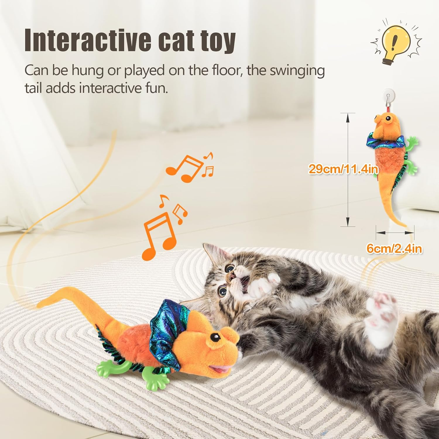 Migipaws Cat Toys, Touch Activated Flapping Chirping Lizard Kitten Toy with Catnip for Indoor Cats Kicker, Rechargeable (Orange) image number 1