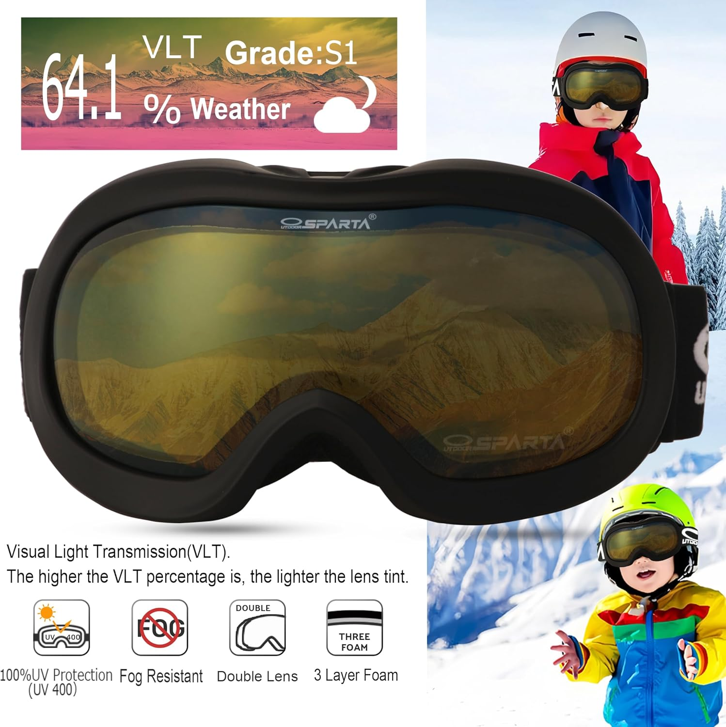 OUTDOOR SPARTA Kids Ski Goggles, Kids Snowboarding Goggles for Boys Girls Toddler Age 3-14 with 100% UV Protection image number 3