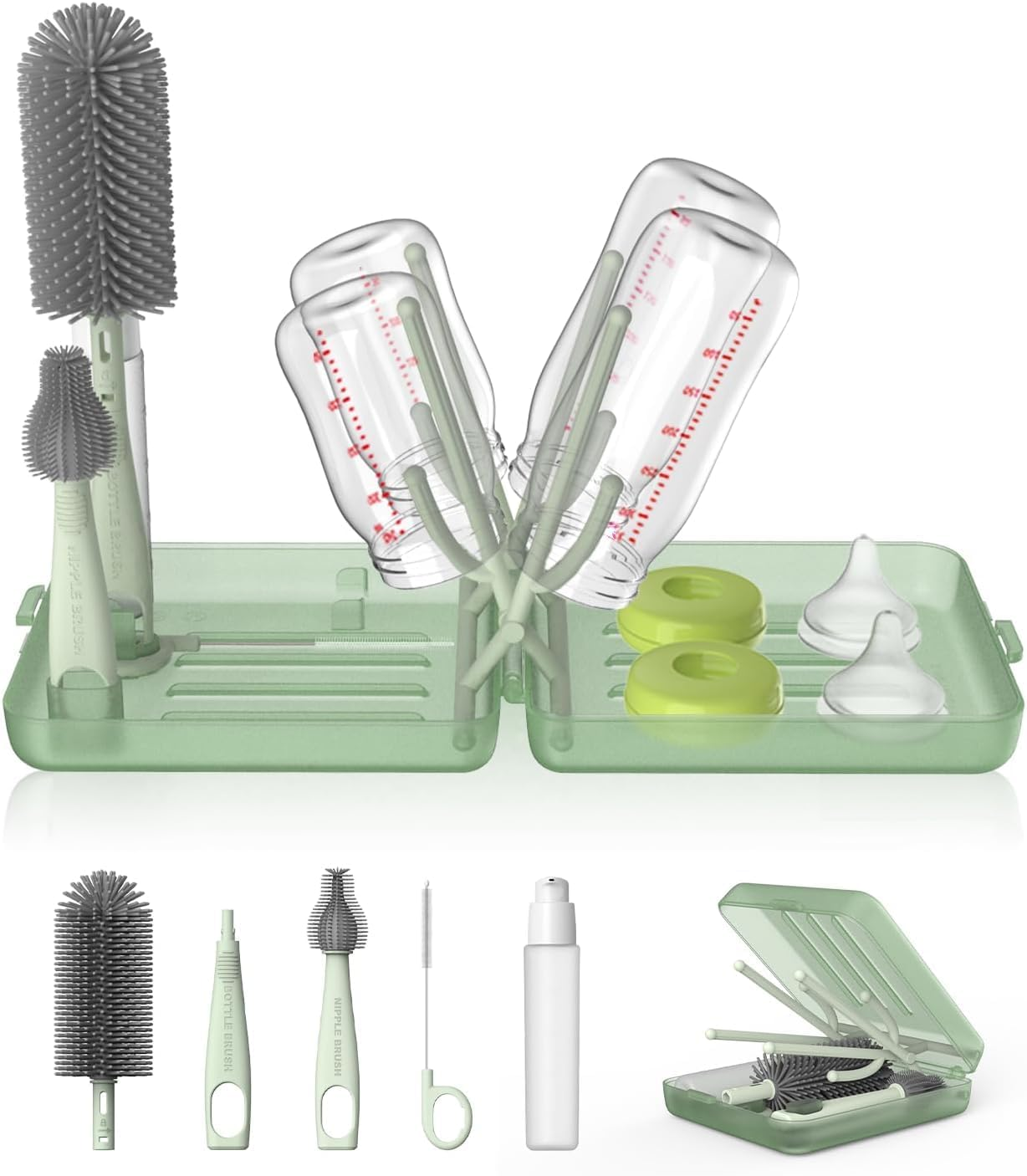 Bottle Brush Set -Baby Travel Essential-6 in 1 Bottle Cleaner Kit with Silicone Bottle Brush,Nipple Cleaner Brush,Straw Brush,Soap Dispenser,Storage Box,Bottle Drying Rack for Home and Travel(Green) image number 5