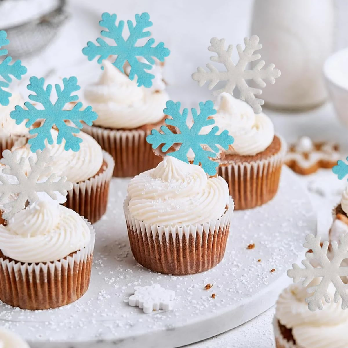 50 Pcs Edible Snowflake Cupcake Toppers Christmas Winter Cake Toppers White Blue Snowflakes Cake Decoration for Christmas Winter Frozen Birthday Theme Party Supplies