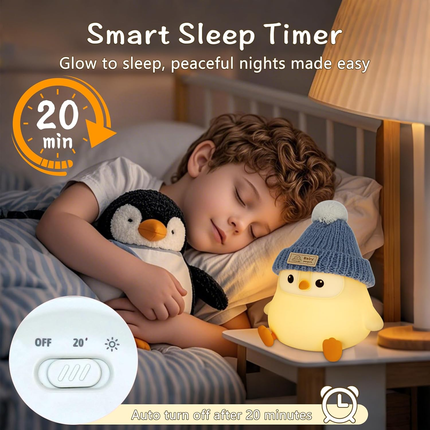 FAMIDUO Penguin Lamp with Knit Hat,Kawaii Penguin Night Light,Food Grade Silicone,Dimmable Nursery Nightlight,Led Squishy Novelty Animal Lamp,Kids Room Decor,Funny Gifts for Kids Boys Girls Baby image number 2
