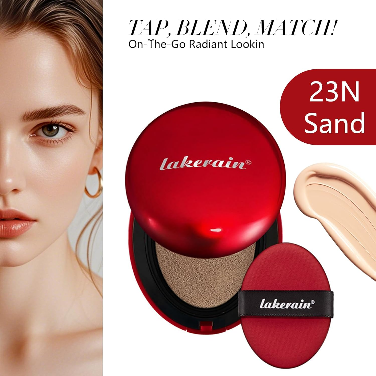 Mask Fit Red Cushion Foundation, 72-Hour Lasting Full Coverage Liquid Foundation with Egg Puff Applicator, Lightweight Hibiscus Extract Buildable Makeup for Glass Skin(#23N Sand, 17G) image number 5