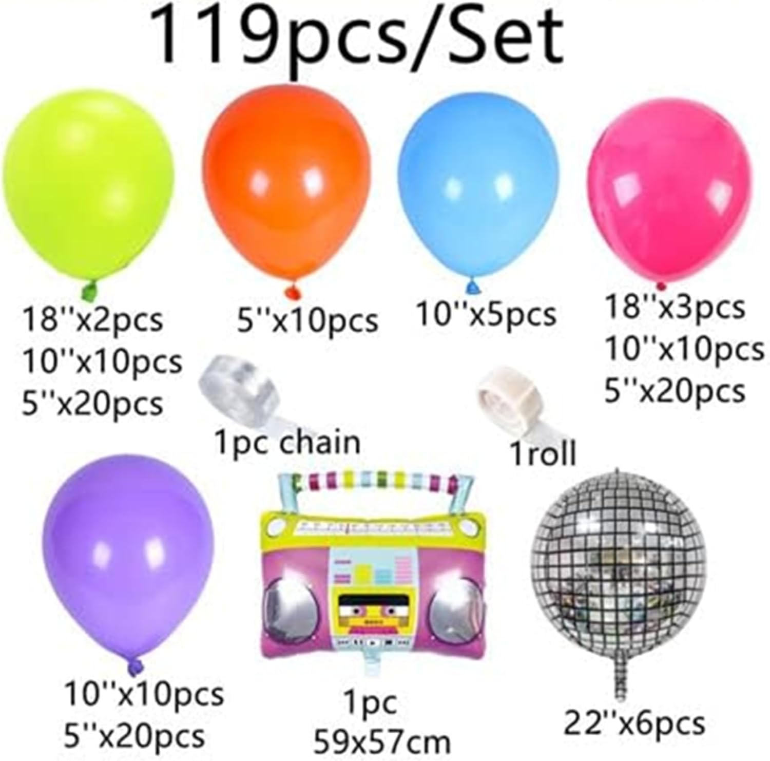 PEKGLOW 90S Balloon Garland 90S Party Decorations 119 Pcs 80S 90S Balloon Garland Radio Balloon Pink Green Purple Blue Orange Balloons Disco Balloons for 90S Birthday Decorations 80S Party Decorations