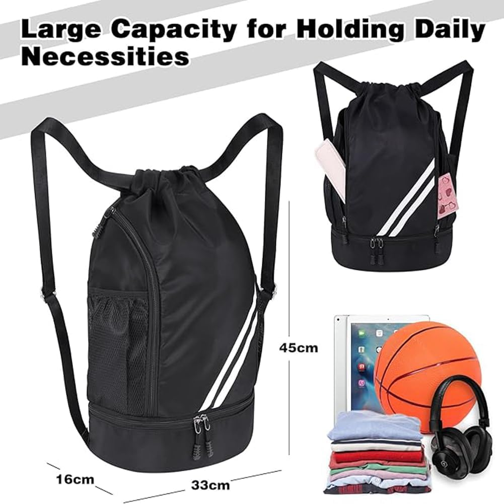 Water Resistant Drawstring Backpack with Shoe Compartment and Side Mesh Pockets for Gym and Sports - Suitable for Both Women and Men image number 3