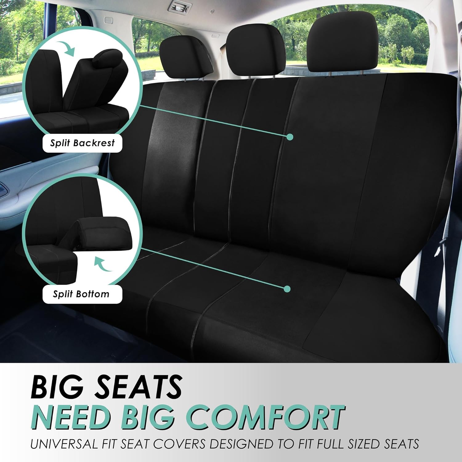 FH Group Automotive Seat Covers Black Universal Fit Combo Set with Steering Wheel Cover and Seat Belt Pad Fits Most Cars, Suvs, and Trucks (Airbag Compatible and Split Bench) FB030115BLACK-W-B image number 5