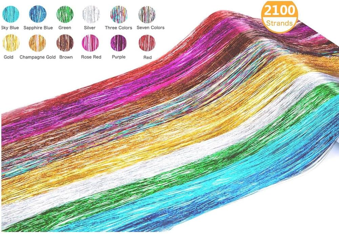 Aufondof Hair Tinsel Kit 12 Colors, 2100 Strands 47 Inches Sparkling Tinsel Hair Extensions with Tool, Glitter Bling Synthetic Hair Streaks for Birthday Halloween Christmas New Year Party image number 5