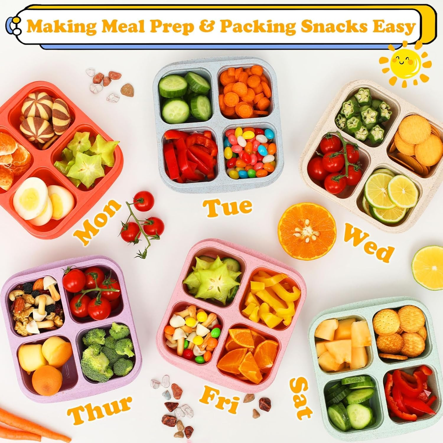 6 Pack Meal Prep Containers, 4 Compartment Bento Snack Boxes, Reusable Divided Lunch Box Containers