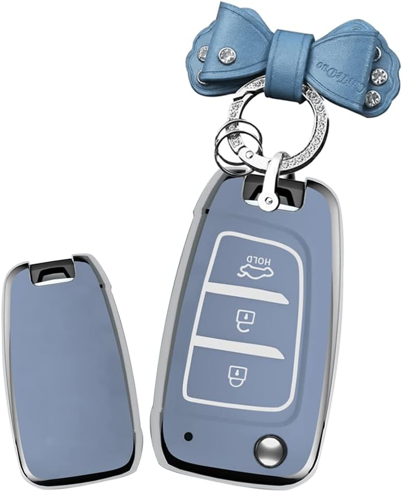HIBEYO Flip 3 Button Key Fob Cover for Hyundai Elantra Solaris 2 Tucson I30 I35 I40 Ix35 Kona Genesis Santa Fe Azera Verna Accent Celesta Sonata Car Accessories with Keychain-Leather Key Chain(Purple)