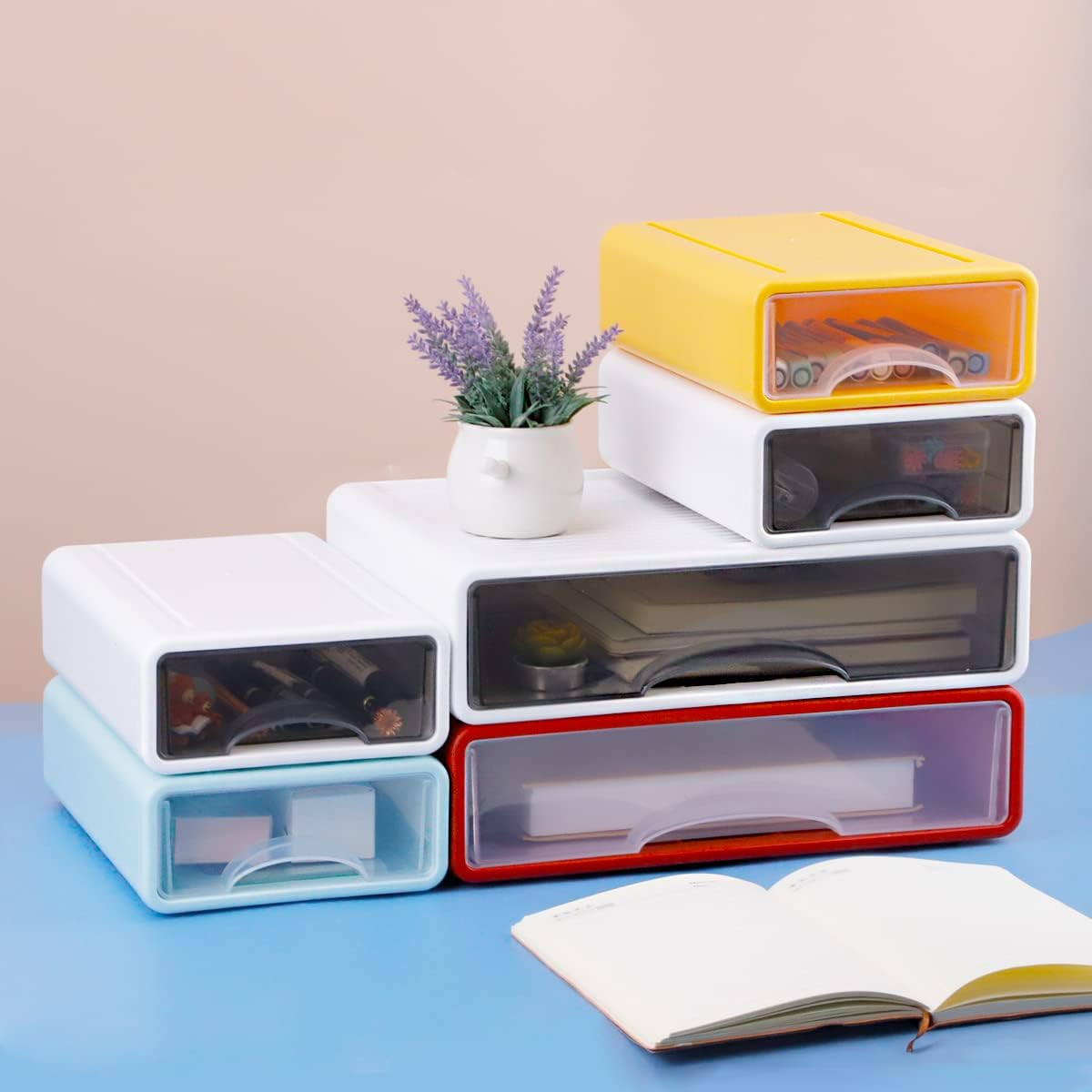 Stackable Desk Organizer, FHDUSRYO Large Desktop Storage Box with 3 Drawers, 13&rdquo; Wide Letter Size Desk Organizer and Accessories, Plastic Drawer Organizer for Office, Document, Makeup (White, 3Pcs)