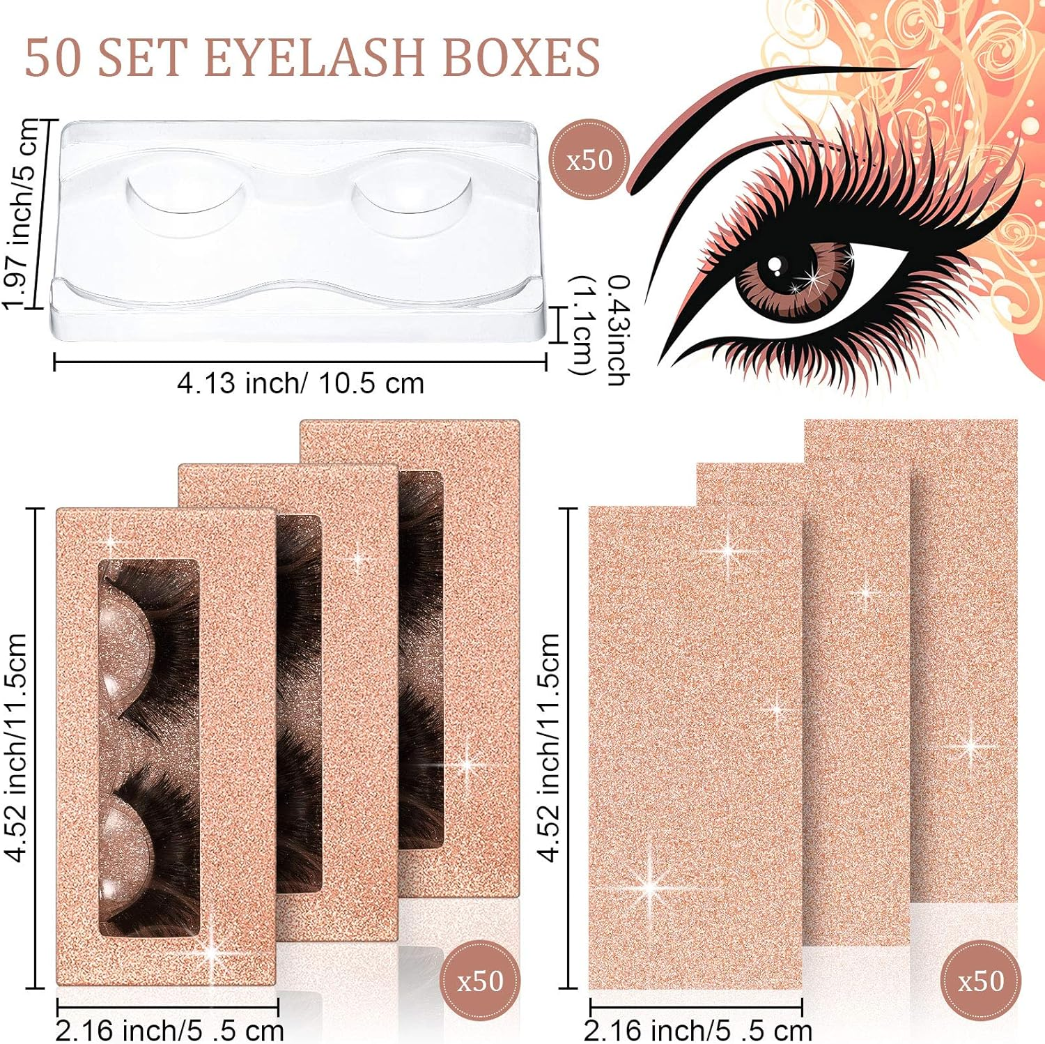 50 Sets Empty Eyelash Case Set, Include 50 Empty Eyelash Box Lash Box Packaging Eyelash Storage Box, 50 Eyelash Box Tray False Eyelash Storage Box Tray, 50 Internal Background Paper (Champagne Gold) image number 1